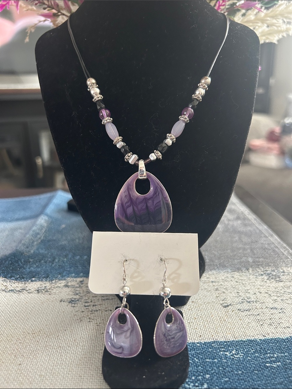 Purple Agate Teardrop Pendant Necklace and Earring Set